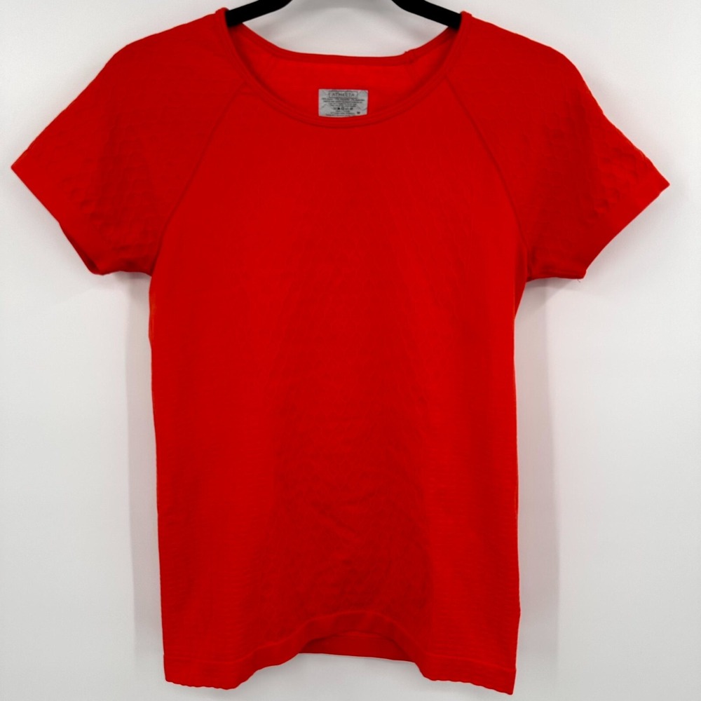 Athleta T-Shirt Mens Medium‎ Orange Patterned Short Sleeve Crew Neck Pullover
